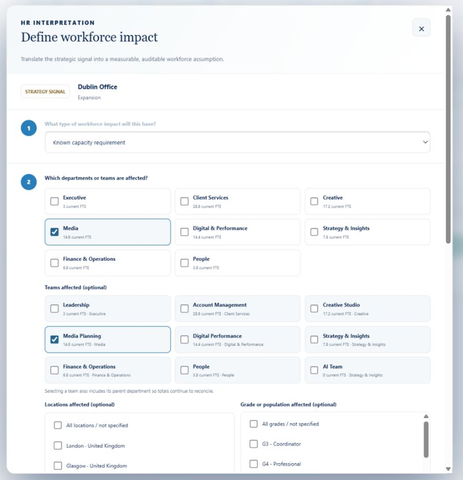 Live Foresight Define workforce impact screen for Dublin Office
